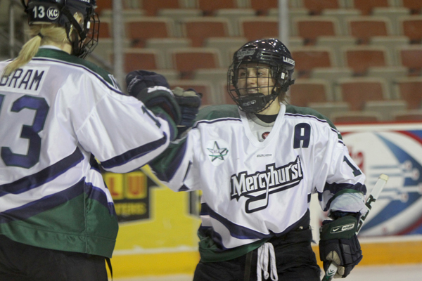 Photo by Ethan Magoc/The Merciad: Mercyhurst College's Vicki Bendus and Bailey Bram celebrate Bendus' shorthanded goal in the second period that gave the Lakers a 4-0 lead against Brown University on Friday, Jan. 28, 2011 at Tullio Arena.
